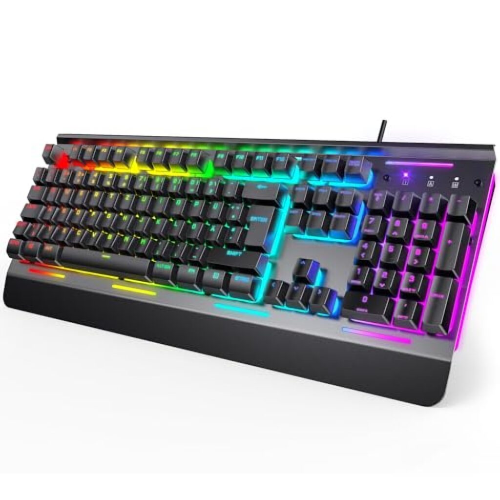 TECKNET RGB Gaming Tastatur für PC, Membran Tastatur mit 105 Tasten, Vollmetall-Pane, Handgelenkauflage,15-Zonen RGB Beleuchtung, 25 Anti-Ghosting-Tasten, Computer Keyboard, Deu...