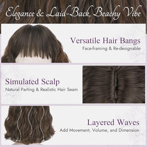 BARSDAR Kurze Gewellt Bob Perücke mit Pony, Kurze Lockige Welle Mix Braun Perücke Texturierte French Bob Perücken mit Pony für Frauen Natürlich Aussehen Synthetische Haar Perücken Halloween – Bild 5