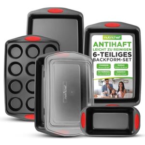 NutriChef 6-teiliges Antihaft-Backset – Premium Kohlenstoffstahl-Bäckutensilien mit Silikongriffen – Inklusive 2 Backformen, 12 Muffinförmchen, Kastenbrotform und Bratblech mit BPA-freiem Deckel