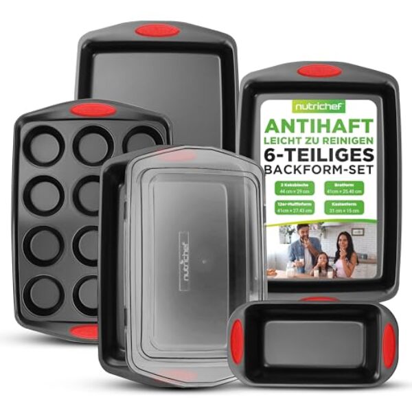 NutriChef 6-teiliges Antihaft-Backset – Premium Kohlenstoffstahl-Bäckutensilien mit Silikongriffen – Inklusive 2 Backformen, 12 Muffinförmchen, Kastenbrotform und Bratblech mit BPA-freiem Deckel