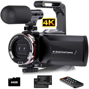 Videokamera 4K 64MP Camcorder Vlogging Kamera für YouTube,21X Digital Zoom, 3″ 270° Drehbarer Screen Video Vlogging Dual Camera mit 64GB Karte, Mikrofon, Stabilisator, Fernbedienung,2 Batterien
