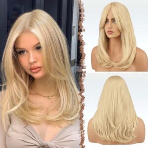 FESHFEN Lang Perücken mit Pony, 45 cm Damen Perücken Blond Synthetik Haar Natürlicher Look Kunsthaar Haarperücke für Frauen für Tägliche Party Cosplay
