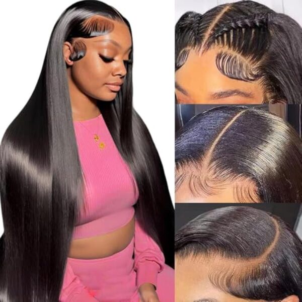 Junemet 22 Zoll Perücke Echthaar 200% Dichte HD Lace Human Hair Wig Straight Perücke Damen Echthaar 13×4 Glueless Human Hair for Women Brazilian Lace front Wig Pre Plucked Natürliche Farbe (56cm)