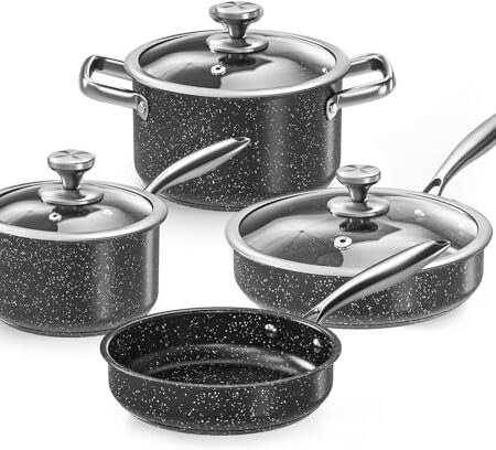Tieplis Edelstahl Töpfe und Pfannen Set, 7-teilig Kochtopf Set mit Granit Antihaftbeschichtung, Induktions Topfset für alle Herdarten (Inklusive Gas, Elektro & Induktion)