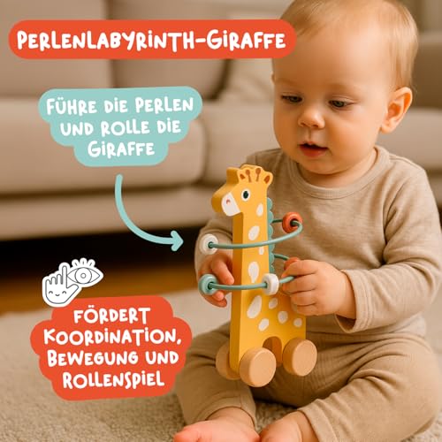 Nene Toys Spielzeug ab 1 Jahr – Montessori Baby Holzspielzeug 4-in-1 Set mit Klangbausteinen, Regenmacher, Stapelturm & Giraffe-Labyrinth – Holzbausteine Motorikspielzeug – Geschenk Junge Mädchen – Bild 5