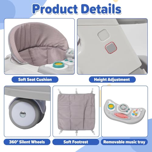 5 in 1 Lauflernhilfe,2-stufige Höhenverstellung,5-stufige Sitzverstellung,mit Abnehmbarem Tablett und Musik,360°-Drehrollen mit Bremsen,Baby Walker ab 6 Monaten Geeignet – Bild 6