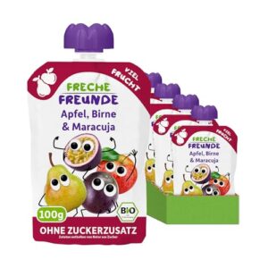 FRECHE FREUNDE Bio Quetschie Apfel, Birne & Maracuja, Fruchtmus mit Obst im Quetschbeutel für Babys ab dem 6. Monat, vegan, 6er Pack (6 x 100g)