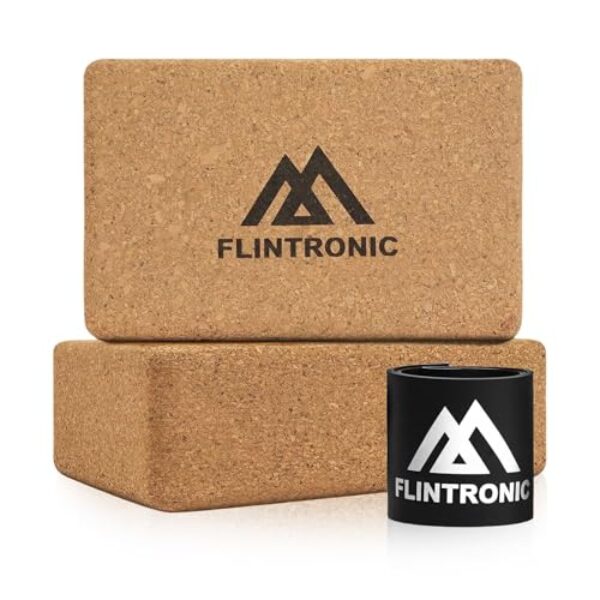 Flintronic Yogablock aus Kork 2er Set, 100% Natur Yoga Block Kork, Korkblock Yogablöcke Umweltfreundlich Nachhaltig Naturkork, Yogaklotz für Yoga Pilates Fitness – mit 1 Widerstandsband