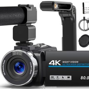 Videokamera 4K 80MP Camcorder für YouTube,30FPS Webcam IR Nachtsicht Vlogging Kamera,18X Digitalzoom 3,0 270°IPS Bildschirm Video Camera mit SD Karte, 2 Batterien, Fernbedienung, und Handstabilisator