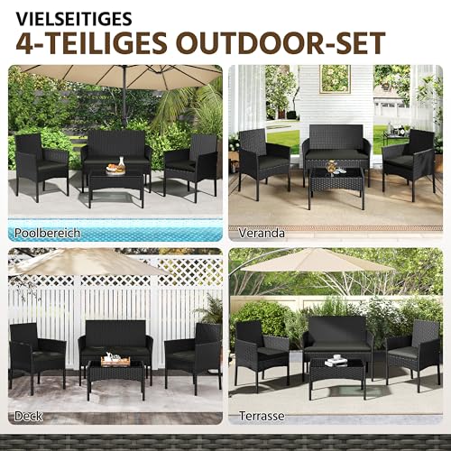 Yaheetech 4-er Gartenmöbel Set Balkonmöbel Set aus Polyrattan Terassenmöbel Außen mit 2er Sofa, 2 Stühle, Tisch & Sitzkissen für Terrasse/Balkon/Garten, Schwarz & Grau – Bild 6