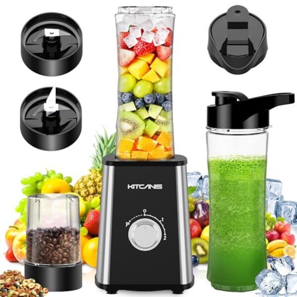 3-in-1 Mixer Smoothie Maker, 800W Mini Standmixer Blender elektrisch, 3 einstellbare Geschwindigkeiten, 2 x 600 ml Tragbare Flasche und 300 ml Mahlbecher für Ice, Obst, Gemüse, Nüsse