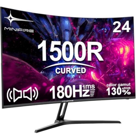 Minifire 24 Zoll Curved Gaming Monitor 180Hz, 1ms, FHD PC Bildschirm 1500R, Mit Lautsprechern, FreeSync, HDR, 130% sRGB, Rahmenlos, HDMI1.4/DP1.2 Ports -Schwarz (MFG24C1 mit HDM...