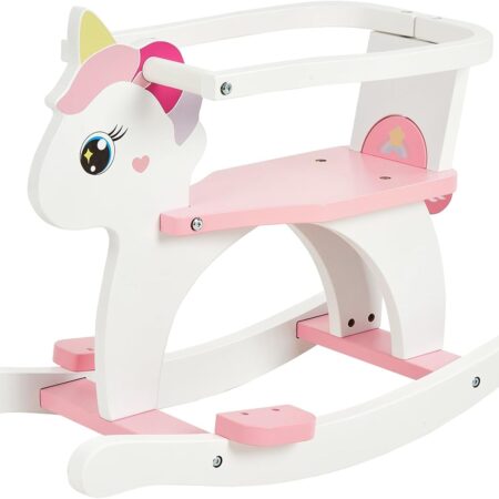 FUNLIO Holz-Einhorn-Schaukelpferd für Kinder 0,5–3 Jahre, süßes Kleinkind-Schaukelpferd mit abnehmbarem Gitter und Rückenlehne, leicht aufzubauen, CPC-Zertifiziert – Rosa
