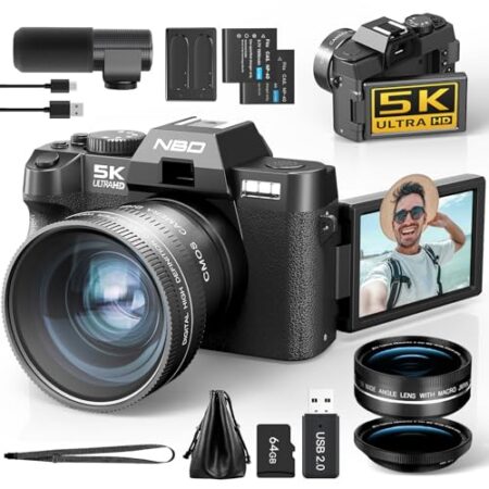 NBD 5K Digitalkamera 64MP mit Autofokus & 16X Zoom, 3″ 180° klappbarem Display, WiFi – Inkl. Weitwinkel/Makro-Linse + Mikrofon + 64GB Karte + 2 Akkus (Schwarz)