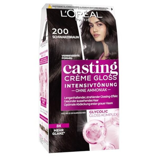 L’Oréal Paris Coloration ohne Ammoniak und Silikone, Pflegende Intensivtönung mit Glanz-Reflex-Balsam, Casting Crème Gloss Haarfarbe, Nr. 200 Schwarzbraun (Braun), 1 Stück