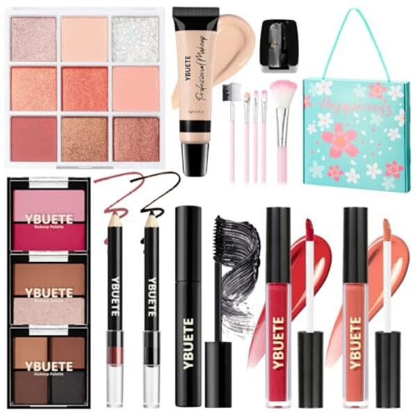 YBUETE Make-up-Set für Teenager, Mädchen, Frauen – Tragbares Reise-Kosmetik-Set für Anfänger und Profis mit Foundation-Lidschatten-Palette, Lippenstift, Eyeliner, Mascara