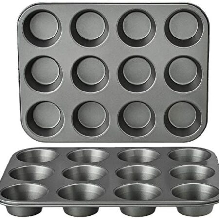 Amazon Basics Rund Backblech für Muffins, antihaftbeschichtet, Karbonstahl, 2er-Pack, Grau, 13.9″x10.55″x1.22″