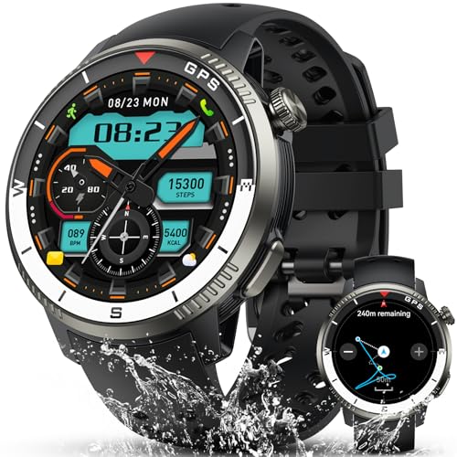 Motast Militär Smartwatch Herren,Präzise GPS,15 Tage Akku, Fitness Tracker mit 175 Plus Sportmodi, 5ATM Wasserdicht Fitnessuhr mit Schlafmonitor für iOS/Android