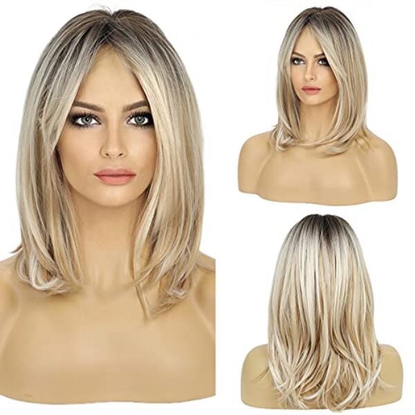 HAIRCUBE Lange Blonde Perücken für Frauen Kunsthaar Perücke mit Fransen Ombre Farbe mit Dunklen Wurzeln