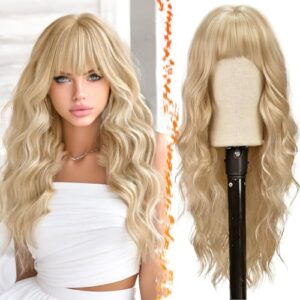 BARSDAR Lange Perücke Blonde mit Pony, 66cm Lange Gewellte Perücke mit Pony für Frauen Synthetische Haar Perücken Natürliches Aussehen Täglich Cosplay Party Halloween
