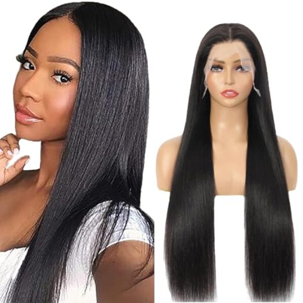 Salharer Echthaar Perücke für Damen Perücken Straight Human Hair Wig 13×1 Lace Front Wig Perücken Echthaar mit Babyhaar T Part Natural Black Color 34 Inch