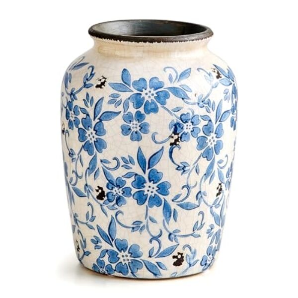 Keramische Vase, Weiß und Blau Porzellan, Rustikale Dekoration für Zuhause, Tischvase für Blumen