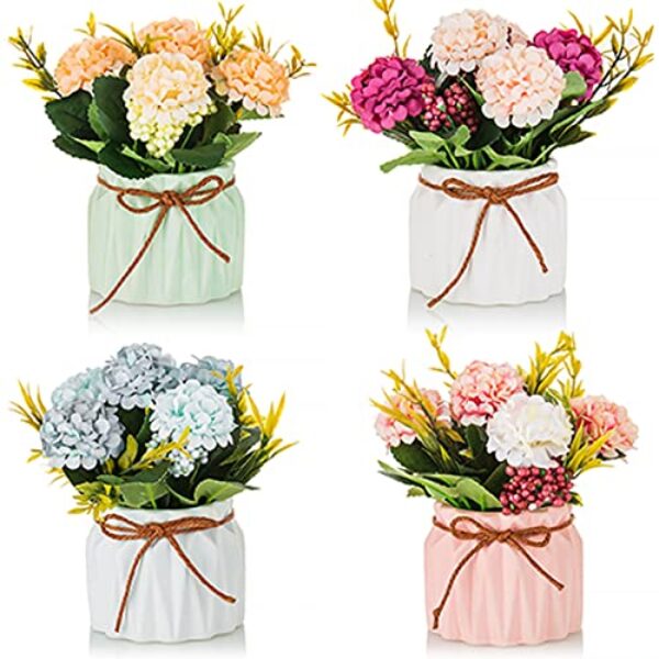 BLOSMON Kunstblumen im Topf Deko: 4 Stück Mini Künstlich Hortensien Künstliche Blumen mit Vase für Tischdeko Wohnzimmer Zuhause Dekoration Fake Blume Pflanzen Schlafzimmer Hochzeit Party Büro Decor