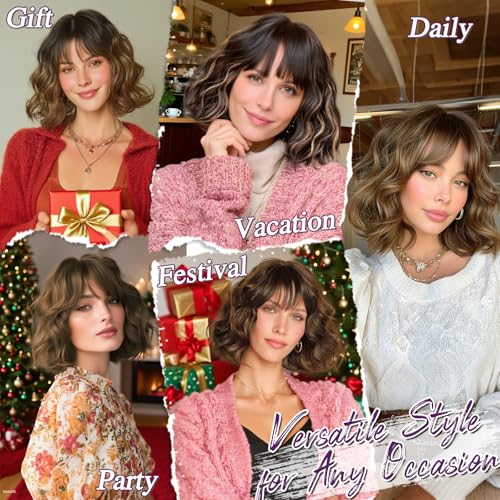 BARSDAR Kurze Gewellt Bob Perücke mit Pony, Kurze Lockige Welle Mix Braun Perücke Texturierte French Bob Perücken mit Pony für Frauen Natürlich Aussehen Synthetische Haar Perücken Halloween – Bild 6