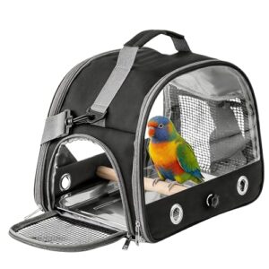 Vogel-Tragetasche mit Edelstahl-Tablett und Stehstange, Vogel Transportbox, Atmungsaktiver Tragbarer Vogelkäfig für Wellensittich/Sittiche/Kleintiere, Bird Transport Box(Schwarz)