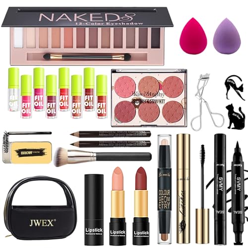 JWEX Make-up Sets, 25 Stück All in One Make Up Set, Schminke Set Frauen, Kosmetik Starter Kit, mit 12 Colours Lidschatten Palette, Augenbrauenstift Wasserfest, Mascara, Eyeliner