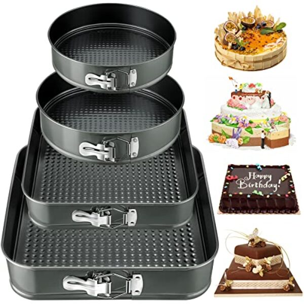 NCKIHRKK 4er-Set Springform, 16/20cm Kuchenform Rund und 22/26 Kuchenform Eckig, Carbonstahl Antihaftbeschichtete Backform Rund Rechteckig mit Abnehmbarem Boden, Grau