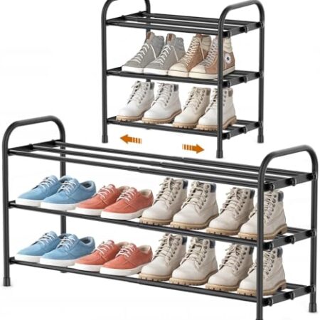 YUWHFEI Schuhregal Platzsparend, 3 Ebenen Shoe Rack Metall, Ausziehbar Schuhablage 45 to 80cm, Klein Schuhständer Schwarz, Schmales Schuh Regal für Outdoor, Flur, Garderobe, Eingangsbereich