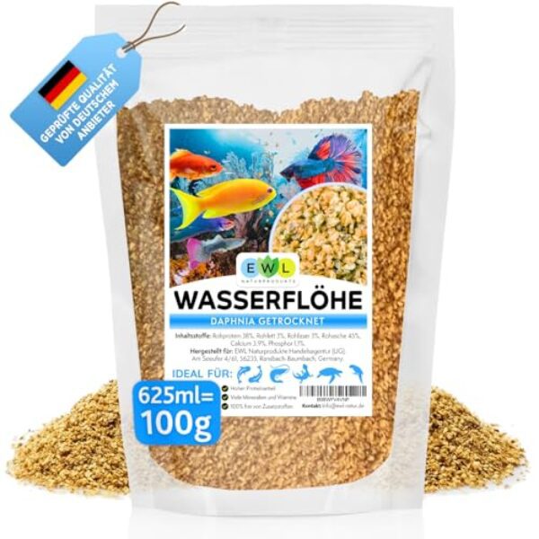 EWL Naturprodukte Wasserflöhe getrocknet, 625ml (100g) Fischfutter Aquarium, Daphnia Zierfischfutter Aquarium, geprüfte Qualität von deutschem Anbieter EWL