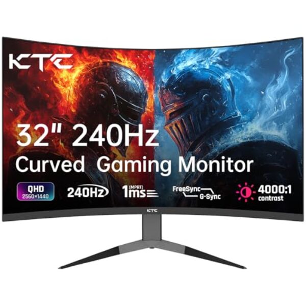KTC 32 Zoll Monitor Curved 1000R, 2K WQHD (2560x1440p) 240Hz Gaming Monitor, 1ms, Adaptive Sync, 122% sRGB, 4000:1 Kontrast, 2 x DP 1.4 (240Hz), 2 x HDMI 2.0 (144Hz), Unterstützung von Tilt und VESA