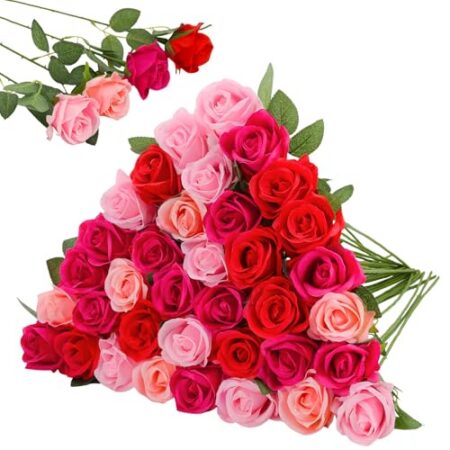 Xialvyu 36 Künstliche Rosen aus Seide Simulation 4 Stile künstliche Blumen für Hochzeitsdekoration Valentinstagsgeschenk Familienfeiern Partydekoration (36 Stück) - Produktbild
