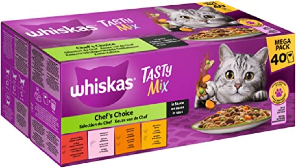 WHISKAS 1+ Katzenfutter nass – ab 1 Jahr – 40x85g Portionsbeutel – Katzennassfutter in Sauce – Hochwertiges Nassfutter für Katzen – Großpackung