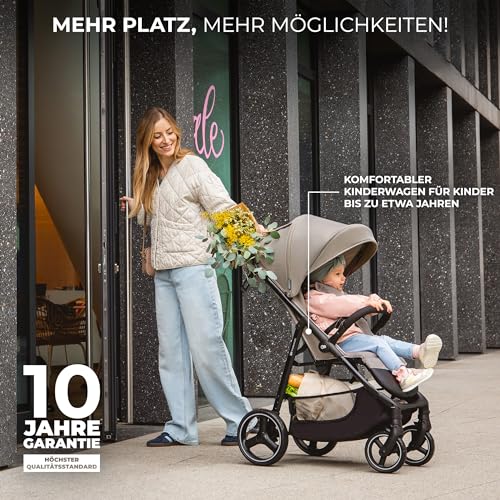 Kinderkraft TRIG 3 Kinderwagen, Kinderbuggy, Liegewagen, Sportwagen, Buggy, Zusammenklappen, Breite und tiefe Sitz, mit Liegeposition, 4 Rad Dämpfung, Große Dach, 5-Punkt-Gurt, bis zu 25 kg, Schwarz – Bild 3