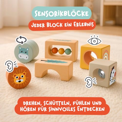Nene Toys Spielzeug ab 1 Jahr – Montessori Baby Holzspielzeug 4-in-1 Set mit Klangbausteinen, Regenmacher, Stapelturm & Giraffe-Labyrinth – Holzbausteine Motorikspielzeug – Geschenk Junge Mädchen – Bild 4