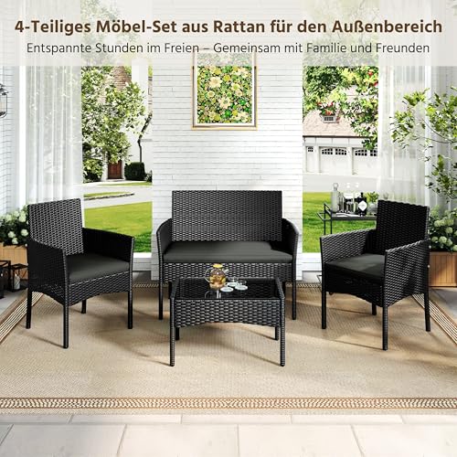 Yaheetech 4-er Gartenmöbel Set Balkonmöbel Set aus Polyrattan Terassenmöbel Außen mit 2er Sofa, 2 Stühle, Tisch & Sitzkissen für Terrasse/Balkon/Garten, Schwarz & Grau – Bild 3