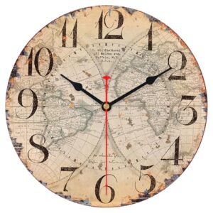 VIKMARI Wanduhr Vintage Holz wanduhr Ohne Tickgeräusche, Runde Rustikale Vintage wanduhr Dekoration für Küche Wohnzimmer Schlafzimmer Büro Schule, Karte Muster, 30CM/12Zoll