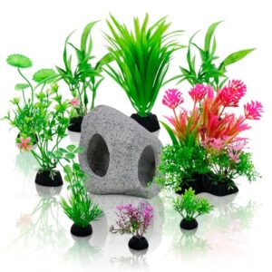 10 Stück Aquarium künstliche Pflanzen Dekoration, Aquarium Zubehör mit Harz Höhle Fisch Tank Ornament, Grün Bunt Kunststoffpflanzen Decor für Fisch Tank