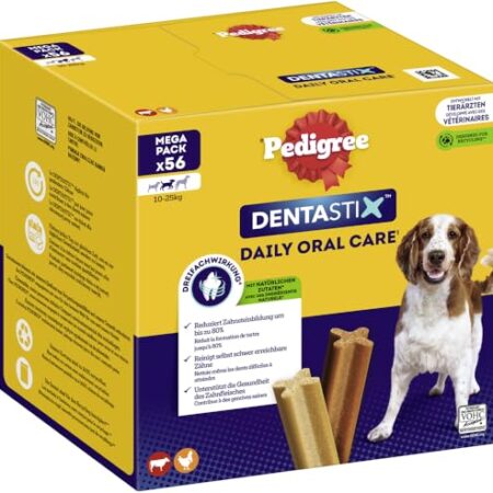 Pedigree DentaStix Hundesnack für mittelgroße Hunde (10-25kg), Zahnpflege-Snack mit Huhn und Rind, 1 Packung je 56 Stück (1 x 1.44 kg)