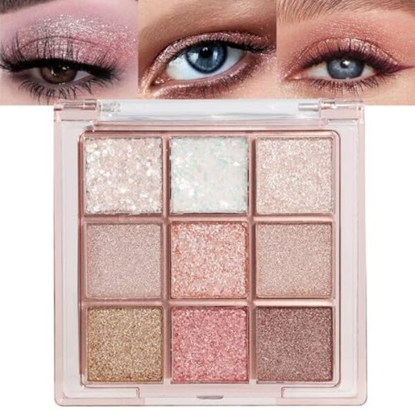 Lilbitty 1er Set 9 Farben Glitzer Lidschatten Palette, Langanhaltende Pigmentierte Augen Make-up Palette in Pink Weiß Gold Schimmer, Wasserfester Lidschatten für Frauen und Mädchen