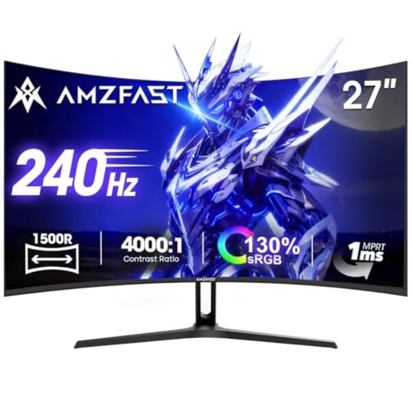 Amzfast 27 Zoll Curved Gaming Monitor, 1920×1080 Full HD, 240Hz, 1500R VA Panel, 1ms MPRT, Adaptive Sync, 4000:1 Kontrast, 95% DCI-P3, 130% sRGB, HDMI1.4&DP1.2, VESA 100x100mm, AMZG27C1 Pro
