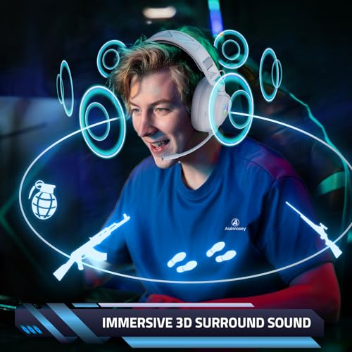 Awinnasey PH3 Kabelloses Gaming Headset für PS5, PS4, PC,Bluetooth-Kopfhörer mit 50 Stunden Akku, Gaming-Headset mit Mikrofon mit Geräuschunterdrückung, RGB Licht, Perlweiß – Bild 4