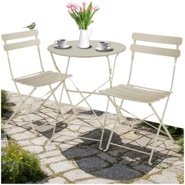 tectake® Gartenmöbel Bistro Set aus Gartentisch mit Stühlen, Balkonmöbel Kleiner Balkon, Klapptisch mit 2X Gartenstuhl, Outdoor Sitzgruppe mit Balkontisch, wetterfest für Garten, Balkon (Creme)