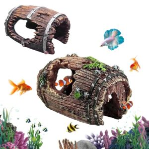 CUVZORA 2 Stück Aquarium Dekoration, Baumstamm Simulation Moos Aquarium Deko Harz, Zimmeraquarium Höhle Ornament Deko, Hohl Stamm für Reptilienversteck oder Betta Fisch Schwimmhabitat