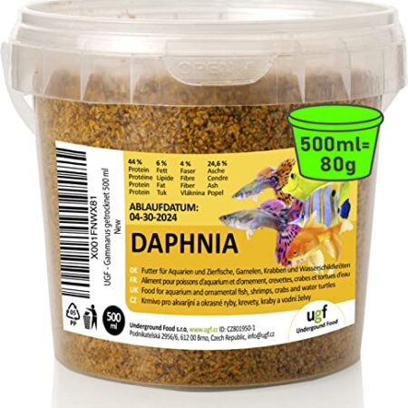 UGF – Premium Daphnia Wasserflöhe – 80g im 500 Milliliter Eimer, Getrocknet Fischfutter Aquarium, Aquarium Futter, Snacks für Zierfische