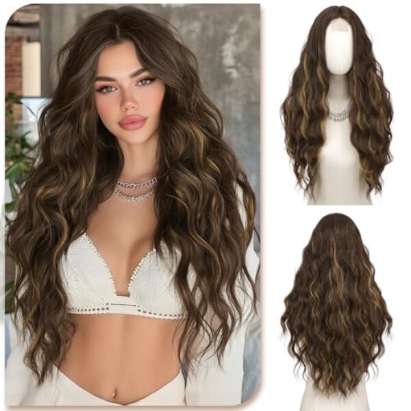 Sofeiyan Gewellte Wellig perücke,70 cm Lange Dunkelbraun mit golden Strähnchen Mittelscheitel Damen Perücken,Hitzebeständige Synthetische Haar Lockige,Natürliche Frauen Wig für Alltag,Cosplay,Karneval