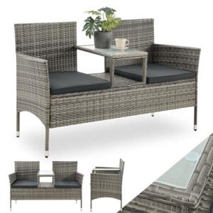 Juskys Polyrattan Gartenbank Monaco – 2-Sitzer Bank mit Tisch & Kissen – 133x63x84 cm – Rattan Sitzbank wetterfest Garten Balkon – grau-meliert